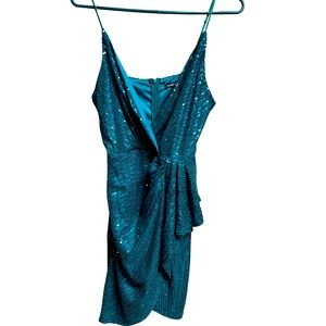 Double Crazy Surplice Neck Draped Asymmetrical Hem Shiny Sequin Cami Mini Dress